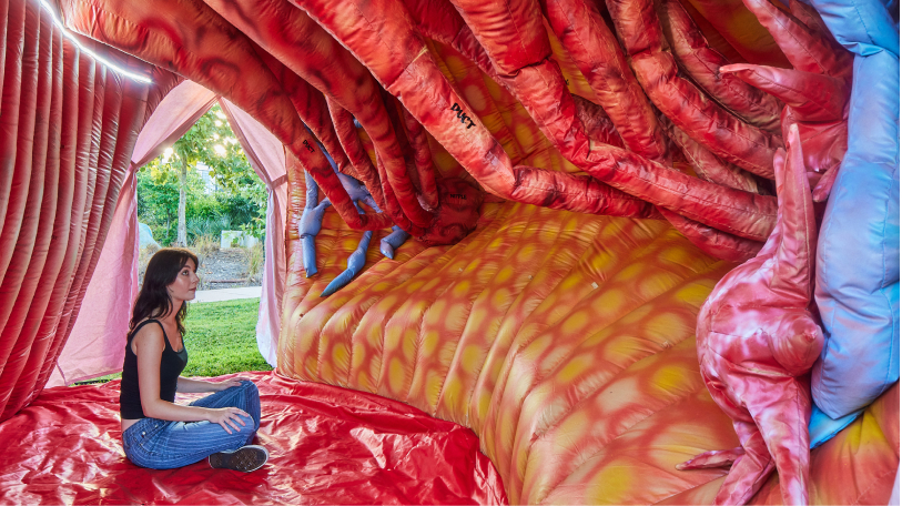 Visitor studies the inside of an inflatable Mega Breast, to learn about the warning signs of breast cancer.